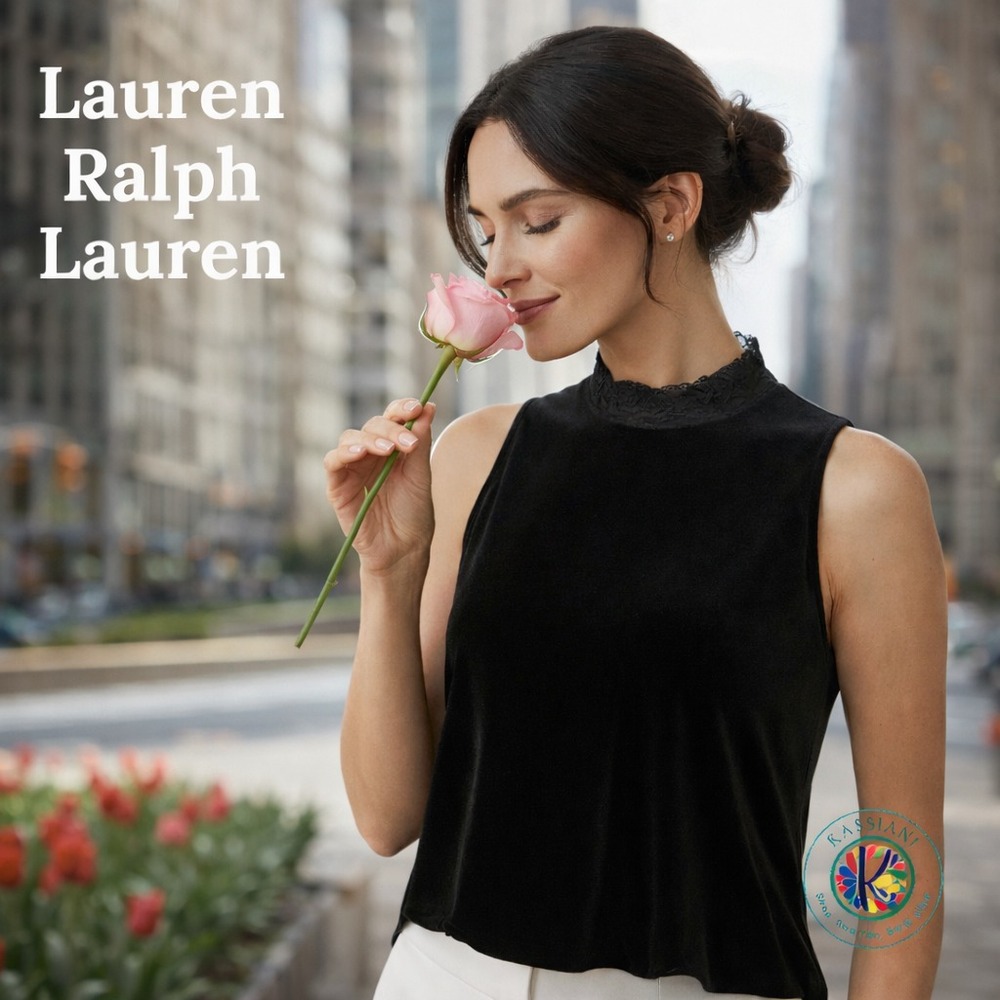 Lauren Ralph Lauren Black Velvet Top with Lace Neckline XL